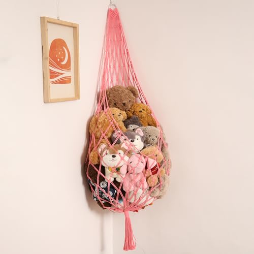 Image of Amdermi Stuffed Animal Net or Hammock Corner Hanging Net for Stuffy Animal Storage Macrame Toy Display Plush Toy Holder Wall Pet Net for Nursery Kid Bedroom Decor Playroom Organizer (Pink)