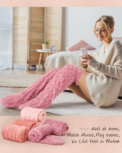 Image of Geyoga 3 Pairs Over Knee Fuzzy Socks High Fuzzy Leg Warmers Over Knee Plush Slipper Socks for Women Christmas Sleeping