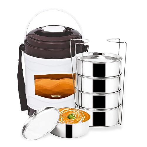 Image of Trueware Marina 5 Lunch Box with 5 Steel Container, 300 ml X 5 Brown | PU Insulated | Tiffin | Hot Lunch Box | Leak Proof | Easy to Carry | Food Grade | BPA Free | Office | Outdoors | for Men Women