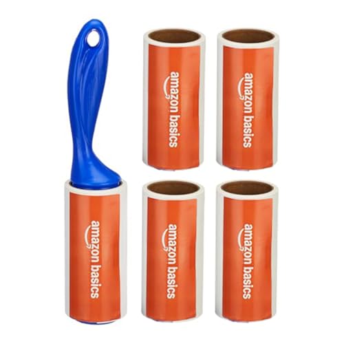 Image of Amazon Basics Pet Hair Remover Lint Roller | 5 rolls and 60 sheets each roll | Strong Adhesive Sheets | Easy Peel-Off Design | Ergonomic Grip | Multi-Surface Cleaner for Clothes, Sofas, Fabric and Car Seats
