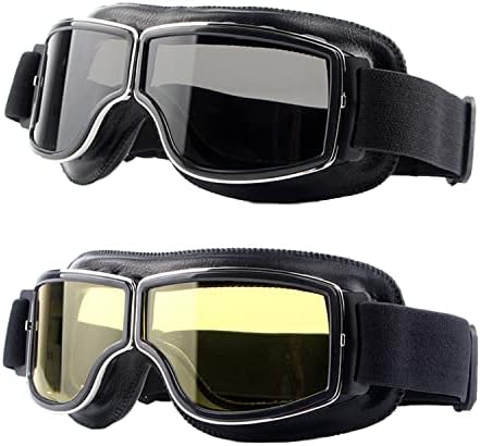 LJDJ Motorcycle Goggles,2 Pack Vintage Anti Fog Pilot PU Leather Glasses Dustproof ATV Off Road Motorbike Helmet Eyewear Protect for Ridding Motorcross Classes Aviator Goggles for Men Women Adult