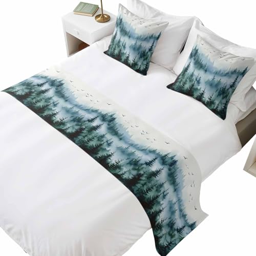 Ink Green Ombre Forest Bed Runner with 18"x18" Pillow Covers