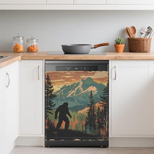 Image of Vintage Bigfoot Refrigerator Magnet Cover,Forest Mountain Washable Dishwasher Magnets Decorative Cover,Home Kitchen Decorative Dishwasher Front Panel Cover 23x26 Inch