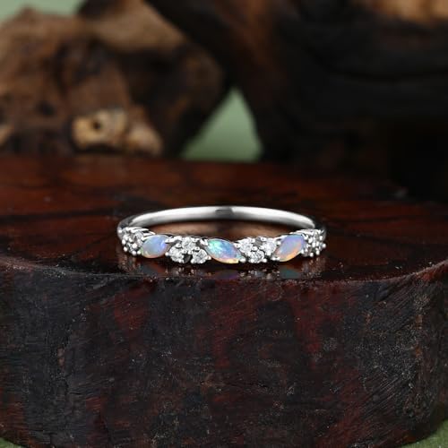 Natural Opal Wedding Bands for Women, 925 Sterling Silver Ring Moissanite Engagement Rings for Women Stackable Halo Promise Rings for Her Travel Wedding Ring Size 3-102
