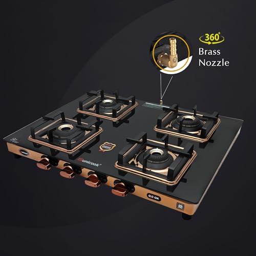 Image of Unicook Coral Cuba 4 Burner Gas Stove | Manual Ignition | 6mm Glass | Brass Burners | ISI Certified | Rose Gold Frame | 3 Years Warranty on Glass & Burners + 2 Year Comprehensive Warranty