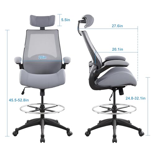 Image of BOLISS 400lbs High Back Computer Office Drafting Chair Flip up Armrests Lumbar Support Adjustable Big Footrest Ring (Grey)