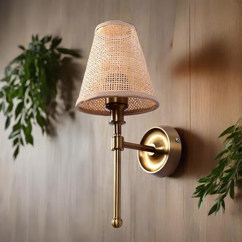 Image of AKWAY Antique Brass Finish Wall Lamps for Living Rooms with Bamboo Shade | Rattan and Cane Wall Light for Bedroom | Wicker Wall scones (Rattan Single Webbing Conical - Alletta)