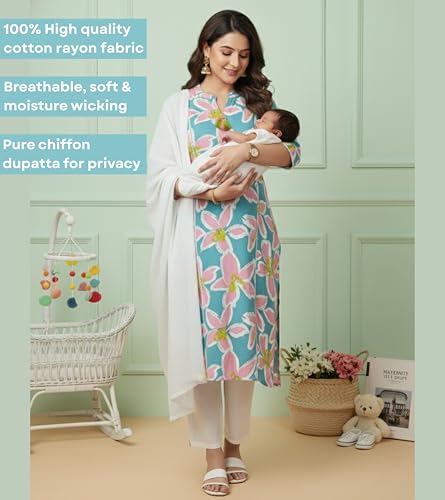 Image of DUMMY SHAPE Maternity Dresses for Women Cotton | Floral Kurta Pant Dupatta Set with Nursing Zippers, Side Pocket | Pre & Post Pregnancy | Feeding Kurti Suit | Baby Shower | Gifts for Pregnant Woman