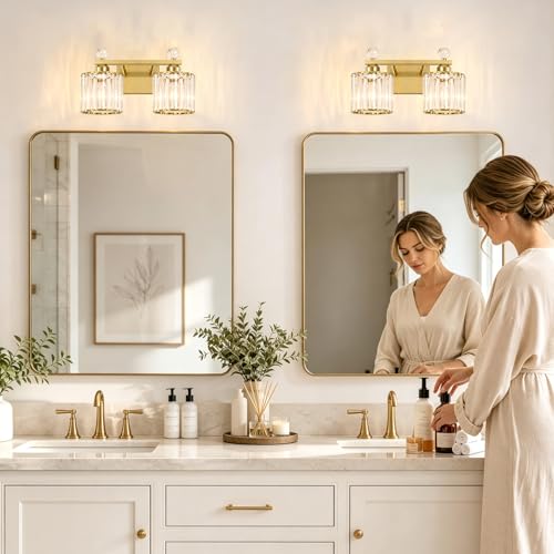 Image of Lxybcce Modern Crystal Bathroom Vanity Light, 14In 2-Lights Bathroom Light Fixtures, Gold Vanity Light Fixtures Over Mirror, Easy Installation & Shadow-Free Illumination for Bathroom Mirror Decor