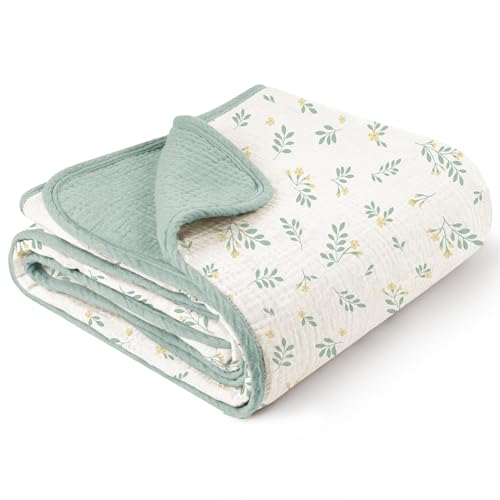 Image of Konssy Muslin Baby Blankets for Girls Boys, 100% Cotton Crib Blanket for Infant Toddler, Super Soft and Lightweight Nursery Swaddling Wrap 40"x36" (Leafy)