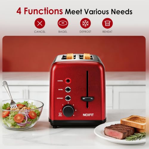 Image of Toaster 2 Slice, Stainless Steel, 6 Shade Settings, 1.5 inch Extra Wide Slots | NEXFIT Retro Toaster with Bagel, Defrost, Reheat & Cancel Functions, 900W, Removable Crumb Tray, High Lift, Cord Wrap, Red
