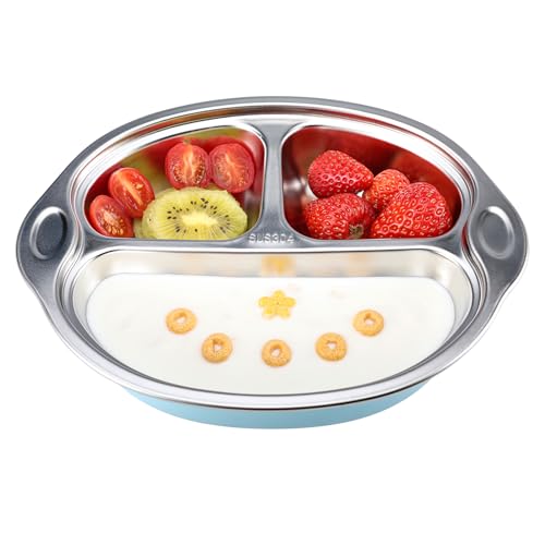 Image of MR. CHOU Stainless Steel Baby Suction Plate, Divided Plates for Babies & Toddlers, 100% Food Grade Kids Plates for Baby Led Weaning, BPA Free Toddler Feeding Supplies, Dishwasher Safe, Blue