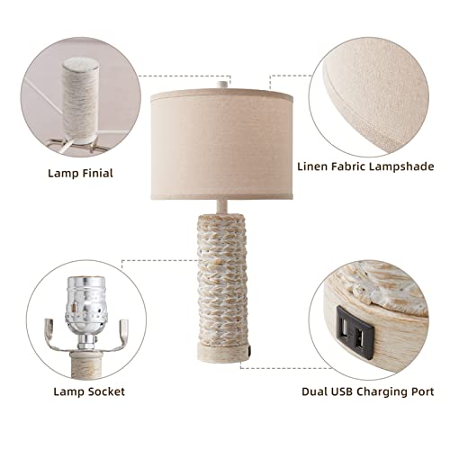 Set Of 2 Rustic Touch Table Lamps For Living Room, 3 Way Dimmable With 2 Usb Port Farmhouse Lamps For Bedroom Nightstand, White Vintage Resin Bedside Desk Lamp, Led Bulbs Included (White) #TOP4