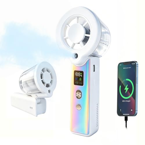Rivpines Portable Misting Fan, Handheld Rechargeable Fan with Water Mist, Personal Mini Turbo Fan with 1-100 High Speeds (20000 RPM), Holographic White