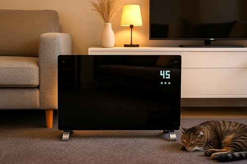 JSH WiFi Enabled Electric Glass Panel Heater 2000W | Smart App or Remote Control | Open Window Detection | Wall Mounted & Free Standing Low Energy Efficient Home Heating with 24H 7 Day Timer Black