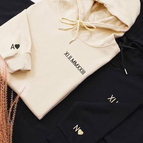 Custom Embroidered Couple Hoodie, Personalized Roman Numeral Date Hoodie, Anniversary Engagements New couples Gift2