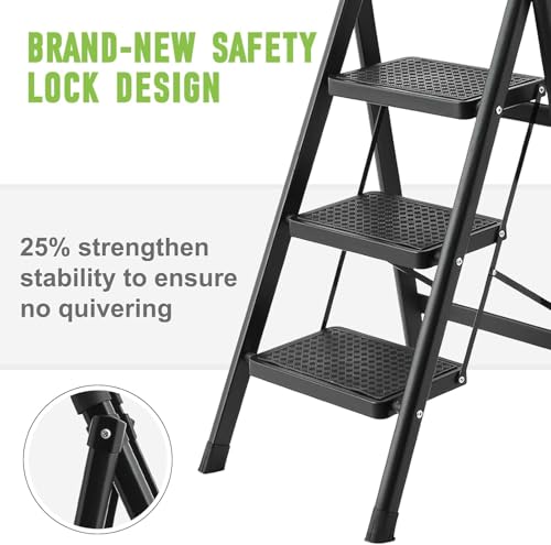 Image of BESTONE Foldable Step Ladder, Sturdy Steel Folding Stool with Wide Anti-Slip Pedals for Home, Kitchen, Garden & Office(Black ) (5 steps)