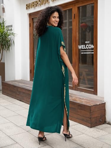 Image of KECVOT Kaftan Dresses for Women Embroidered Short Sleeve V-Neck Plus Size Caftan Bikini Swimsuit Cover-Up Long Beach Dress