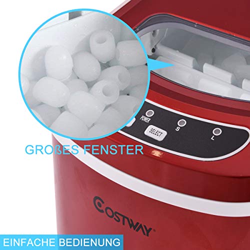 COSTWAY Eiswürfelmaschine 12KG/24H, Ice Maker 9 Eiswürfel in 6-13min, Eismaschine 2,2L Wassertank, Eiswürfelbereiter 2 Eiswürfelgrößen inkl. Schaufel, 25x36x33cm (Rot) – Bild 6