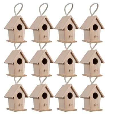 4.3' Traditional Birdhouse by Make Market - Unfinished Hanging Birdhouse Made of 100% Wood, Outdoor Nesting Boxes - Bulk 12 Pack