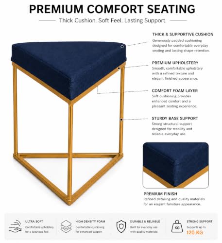Image of Modern Velvet Triangular Vanity Stool with Gold Metal Frame | Upholstered Makeup Chair for Dressing Table | Accent Seating for Bedroom, Living Room & Home Decor-Navy Blue