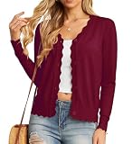Long Cardigan for Women Knitted Cardigan Open-Front Flowy Ruffle Longline Cardigan Lightweight Cardigan (Wine Red, L)