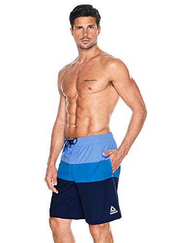 Reebok Men's Swimwear 9" Tab Volley Blockhead Upf 50+ Athletic Swim Shorts Bathing Suit Trunks, Blue, Medium #TOP2