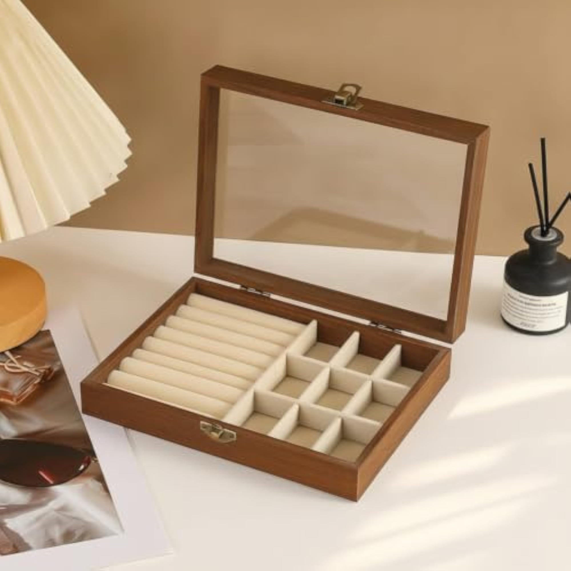 Walnut-Finish Jewelry Box with Transparent Lid