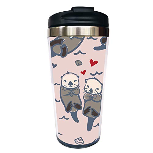 Waldeal Sea Otter in Love Travel Coffee Mug with Flip Lid, Stainless Steel Tumbler Cup Water Bottle 15 OZ, Birthday Anniversary Cup for Men Women Couples