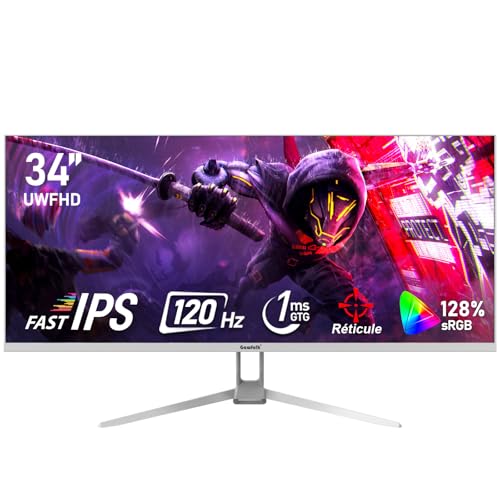 Gawfolk Écran PC IPS Ultra-Large de 34 Pouces,Moniteurs de Jeu 120Hz, 21:9 UWFHD (2560x1080), 128% sRGB, Synchronisation adaptative, Angle de Vision de 178°, DisplayPort, HDMI, VESA 75 * 75MM- Blanc