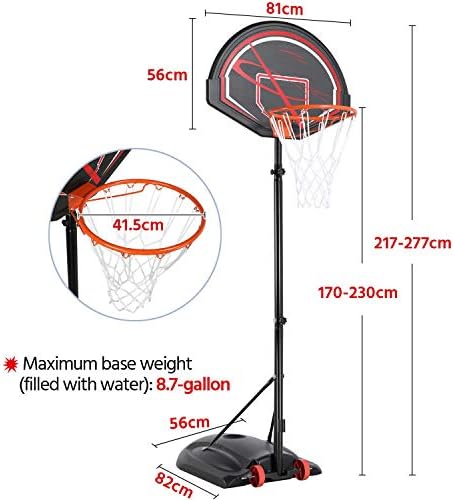 Yaheetech Portable Basketball Hoop, Height Adjustable Basketball Stand, Freestanding Basketball Net, 217-277 cm