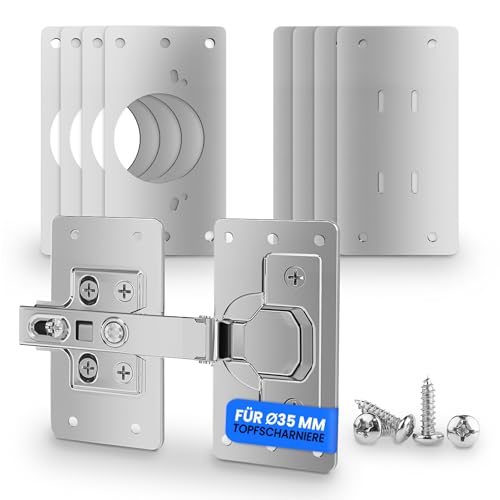 LIVING-TEC ® Scharniere Reperaturplatte 4er Set – Scharnier Reperaturset mit 4 Stahl-Platten und 48 Schrauben – Kein Bohren nötig – Hochwertige Schrank-Scharniere Reparaturplatte für Topscharniere