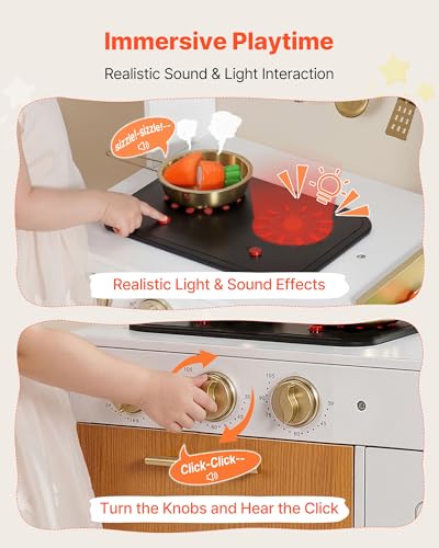 Image of VEVOR Play Kitchen for Kids, Wooden Kids Kitchen Playset with Real Lights & Sounds, Food & Cookware Accessories, Pretend Play Toy Set, Sink, Oven, Stove, Cabinet, for Toddlers, Girls & Boys Ages 3-8