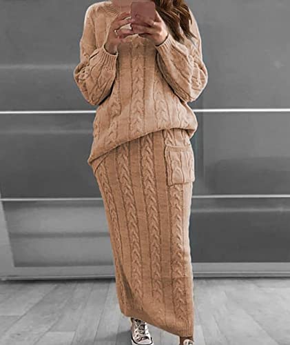 Image of Sexyshine Women's Cable Knit Long Skirt 2 Piece Outfit Chunky Oversized Pullover Sweater Top and Long Pencil Skirt Sets