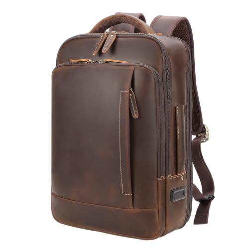 TIDING Full Grain Leather Expandable Backpack