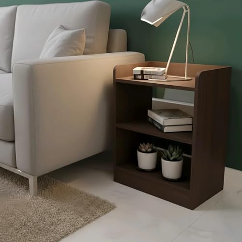 Image of Shoper cart Bedside Table with 3 Open Shelves, Brown Wood Finish, 50.8 x 41.2 x 24 cm, Nightstand Storage Organizer