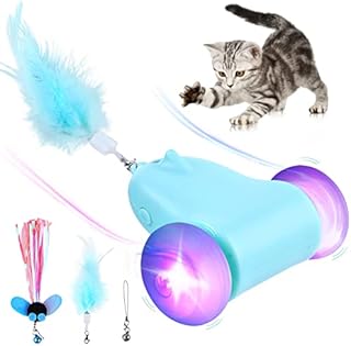 Interactive Cat Toy, FWLWTWSS Cat Toys for Indoor Cats Kitten Toys Automatic Cat Toy with Colorful LED Lights Electric Cat Mouse Toys Cat Exercise Toy With 3 Feather Bell Accessories, USB Rechargeable