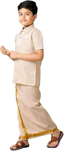 Chandrakala Shirt Dhoti Set for Boys Half Sleeve Tissue Jari South Indian Dress,6-12 Months Gold Beige(KB103GOL1)