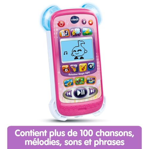 VTech - Baladeur Magic Light Rose, Baladeur Musical Enfant avec Casque Audio, Écran Rétroéclairé, Effets Lumineux, Musiques et Jeux Éducatifs, Cadeau Enfant de 3 Ans à 6 Ans - Contenu en Français