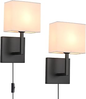 Plug in Wall Sconce Set of 2, Indoor Bedside Wall Lamp Light with Plug-in Cord and On Off Toggle Switch, Vintage Industrial Nightstand Lamps with White Fabric Square Lamp Shade for Living Room, Black