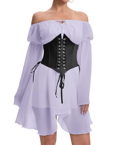 Image of Womens Corset Dress Off Shoulder Bell Sleeve Casual Party Pirate Fairy Dress Set