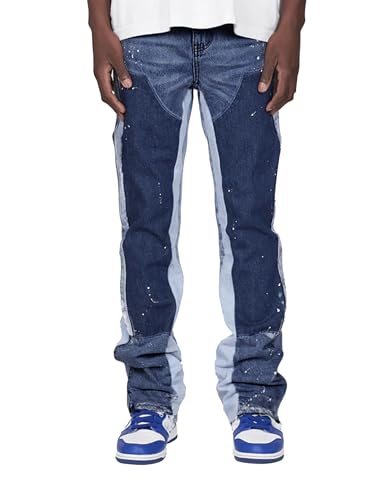 Mens Casual Patchwork Pants Distressed Ripped Jeans Denim Pants Vintage Hip Hop Splash Printed Bootcut Jeans