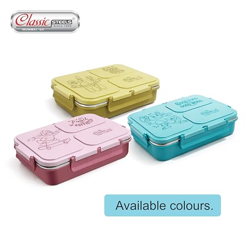 Image of Classic Steels Insulated 3-Compartment Stainless Steel Lunch Box for Kids & Adults | Leak-Proof Bento Box with Silicone Seal | BPA-Free & Food Grade, Pink