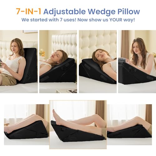 Image of Sasttie Wedge Pillow for After Surgery, Adjustable Bed Wedge Pillow Headboard for Acid Reflux, Sleeping, Neck & Back Support, with Removable Cover, Black