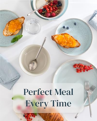 Modern Dinner Plates Set - 8 Beige Blue Stoneware Plates, 10.2\" With Lipped Edges - Dishwasher & Microwave Safe