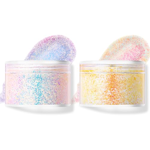 LOPHE Body Glitter Gel - 2 Pack Chunky Sparkle for Face & Body, Festival & Rave Glitter Makeup, Reflective Mermaid Cosmetic Glitter Gel for Lips, Hair, Nails,Skin