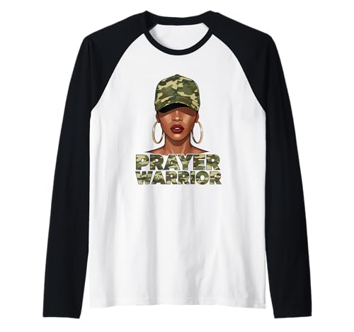 Christian Camo Prayer Warrior, Afro Black Woman Faith Art Raglan Baseball Tee