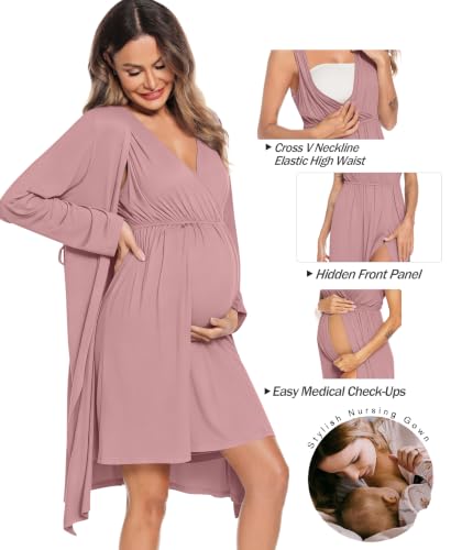 Image of SWOMOG Women Maternity Nursing Gown and Robe Set 3 in 1 Labor Delivery Nursing Nightgown for Breastfeeding Hospital Bathrobe