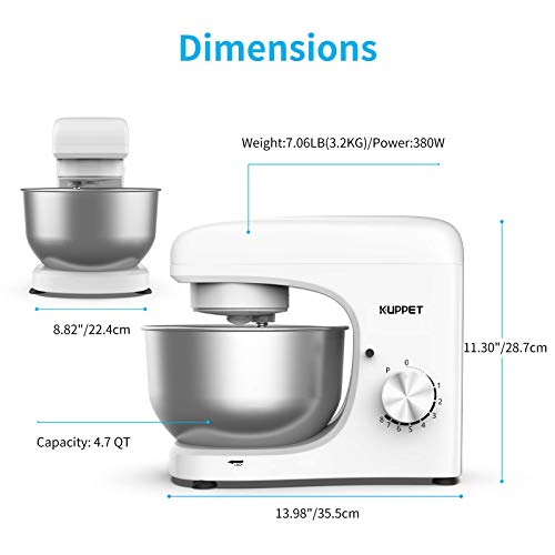 KUPPET Stand Mixer, 8-Speed Tilt-Head Electric Food Stand Mixer with Dough Hook, Wire Whip & Beater, Pouring Shield, 4.7QT Stainless Steel Bowl - White - Thumbnail 7