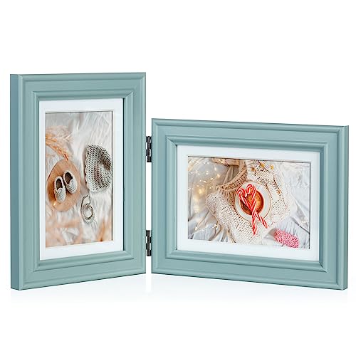 Tamolus 5X7 Double Wooden Hinged Picture Frame Vertical and Horizontal in Teal Blue, Display 4x6 with Mat or 5x7 without Mat, Folding Photo Frame with Real Glass Front for Tabletop X3-LAN-SH57